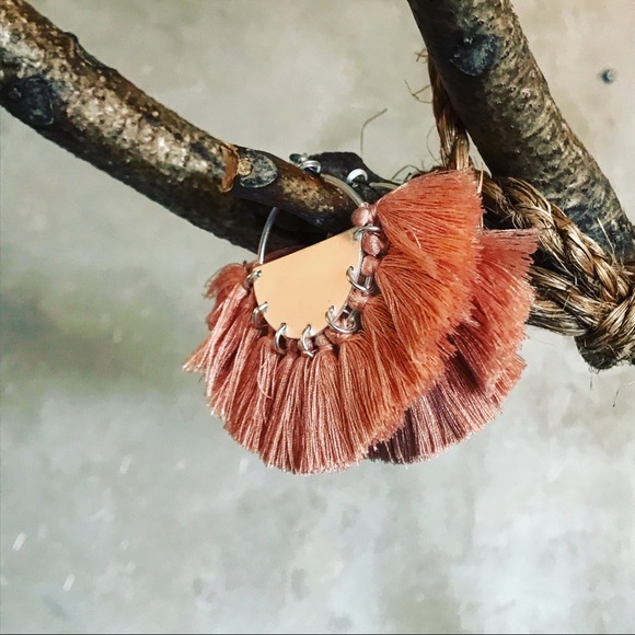 Matana Jewelry - Silver Bohemian tassel earrings peach fringe hoops